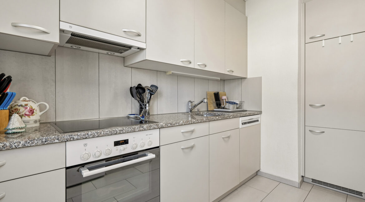 Küchenschränke auf zwei Seiten, Granitabdeckung und Geräte von V-Zug