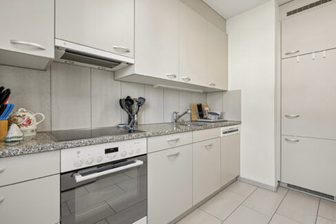 Küchenschränke auf zwei Seiten, Granitabdeckung und Geräte von V-Zug