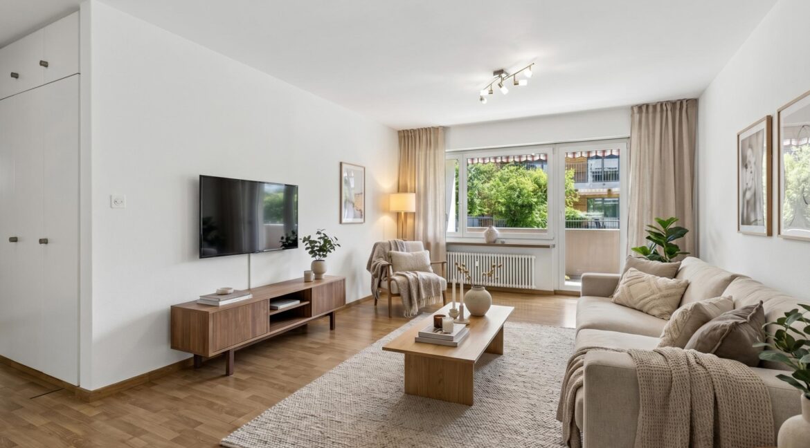 Wohnzimmer mit vorgelagertem Balkon 22.2 m² - Möblierungsvorschlag