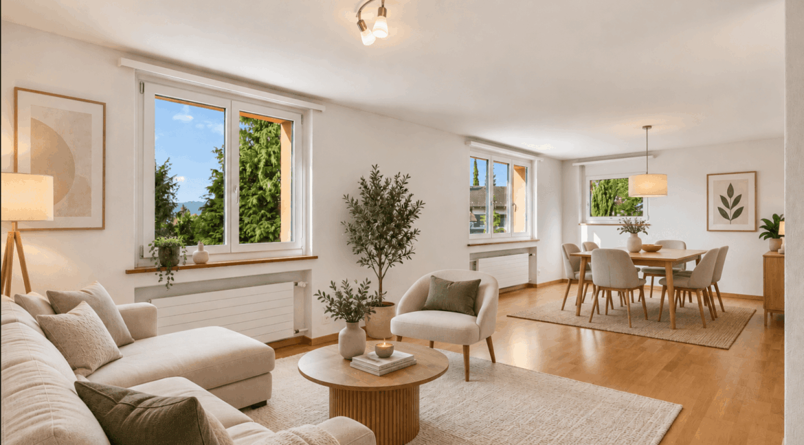 Einrichtungsbeispiel - Obergeschosswohnung: Helles Wohn- und Essszimmer mit 30 m²