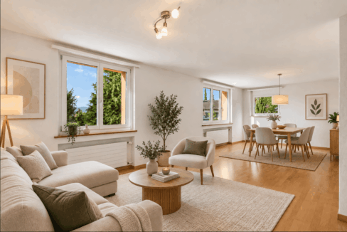 Einrichtungsbeispiel - Obergeschosswohnung: Helles Wohn- und Essszimmer mit 30 m²